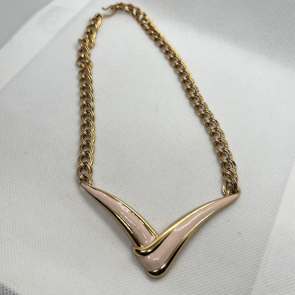 Monet V Shape Choker Necklace Pink Enamel & Gold Tone Wide Flat Chain Vintage